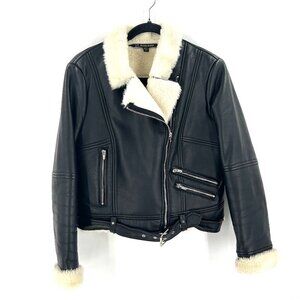 ZARA Black White Faux Leather Fur Asymmetrical Outdoor Biker Jacket Size Medium
